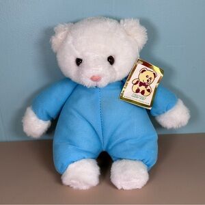VTG Kelly Toy Teddy Bear White Blue with Rattle Inside w/ Tag Plush Animal 12”